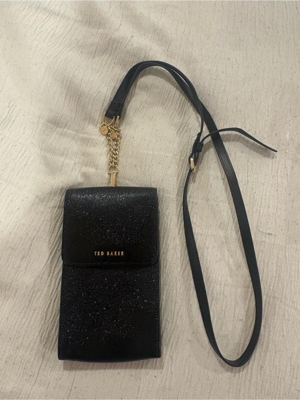 Ted Baker Black Glitter Crossbody Phone Pouch with Gold Chain Accent